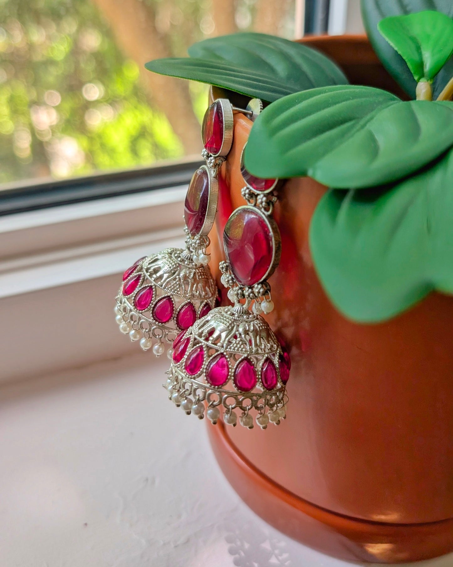 Priyanka Oxidized Silver Jhumka - Red