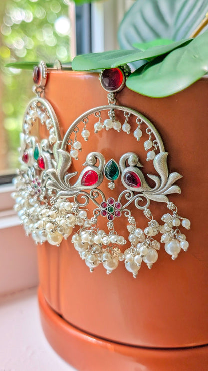 Nelli Oxidized Silver Peacock Chandbali - Red & Green