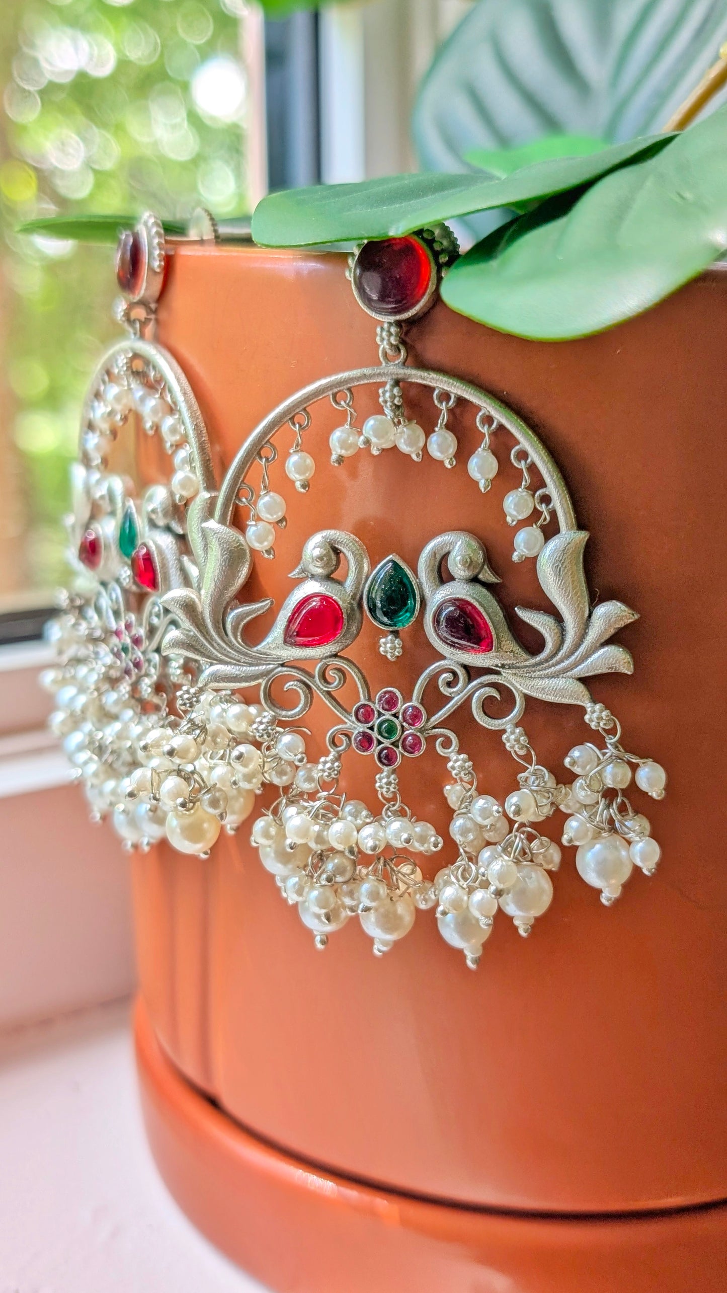 Nelli Oxidized Silver Peacock Chandbali - Red & Green