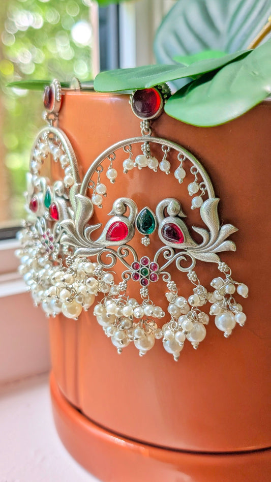 Nelli Oxidized Silver Peacock Chandbali - Red & Green