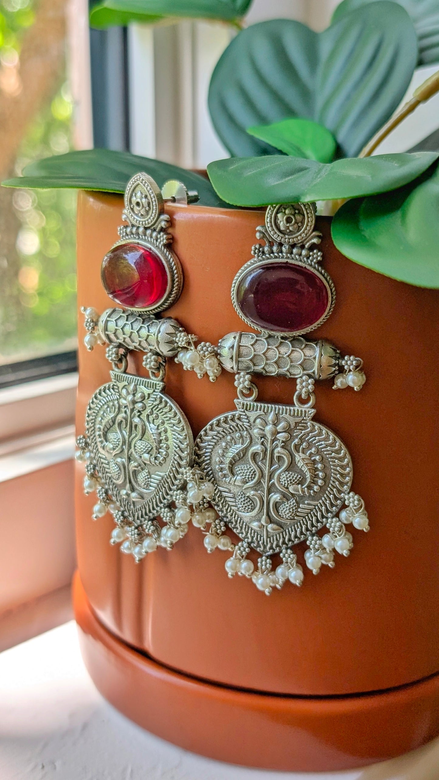 Surbhi Oxidized Silver Peacock Chandbali - Red