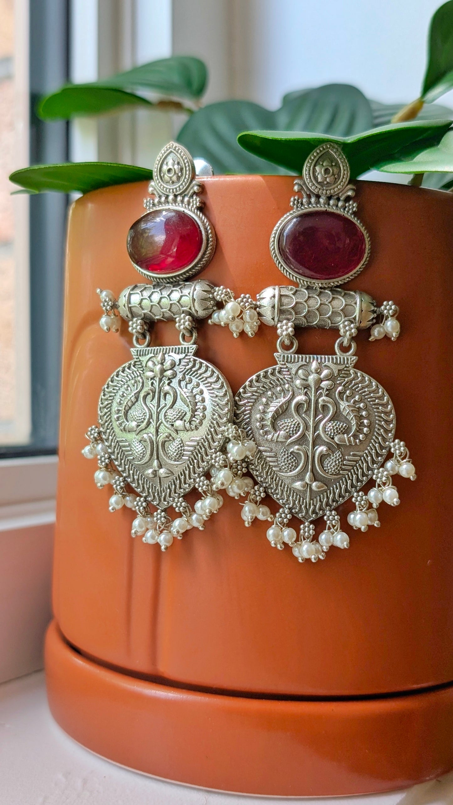 Surbhi Oxidized Silver Peacock Chandbali - Red