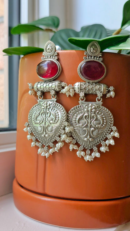Surbhi Oxidized Silver Peacock Chandbali - Red