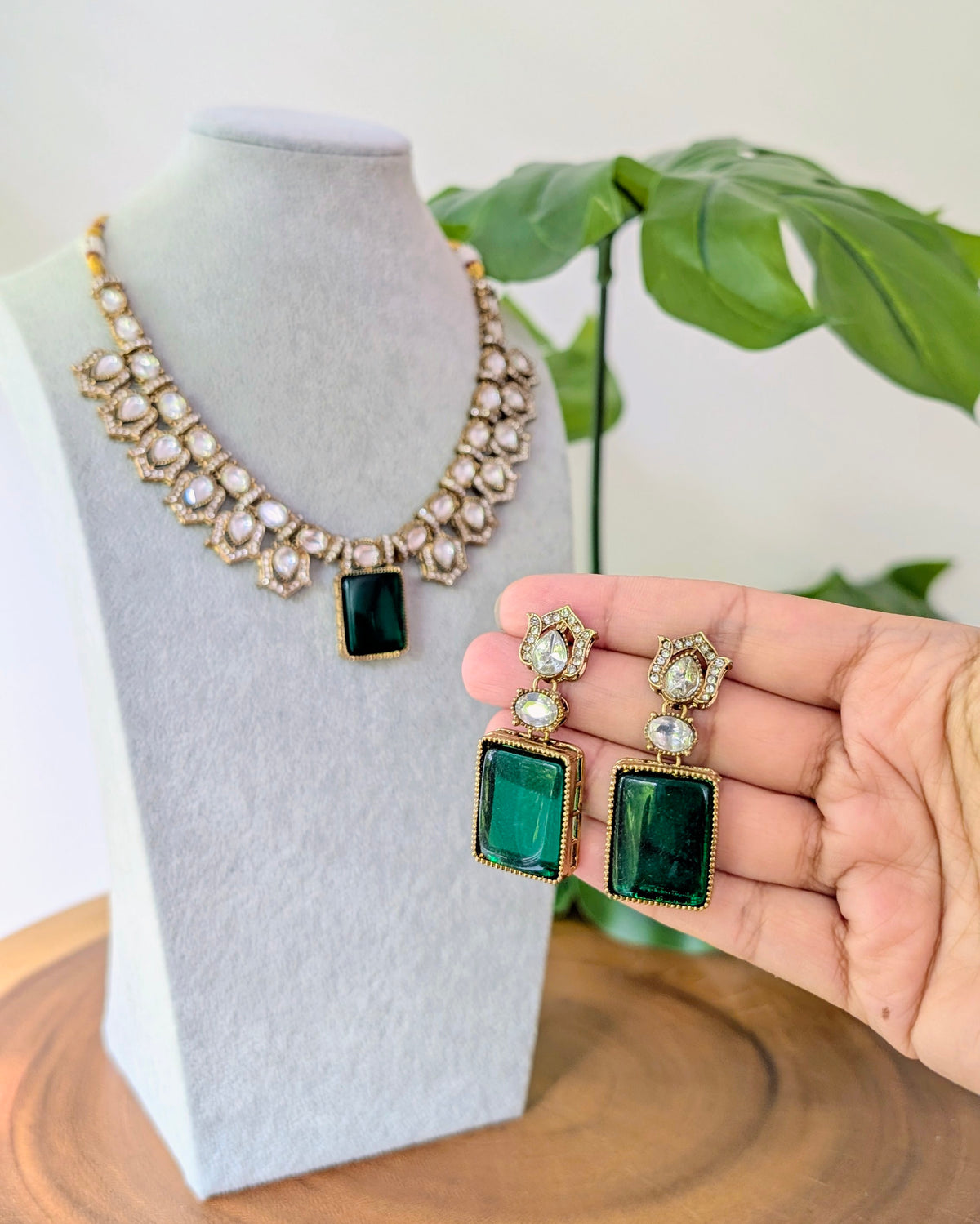 Vanshika Premium Polki Necklace with Earrings - Green