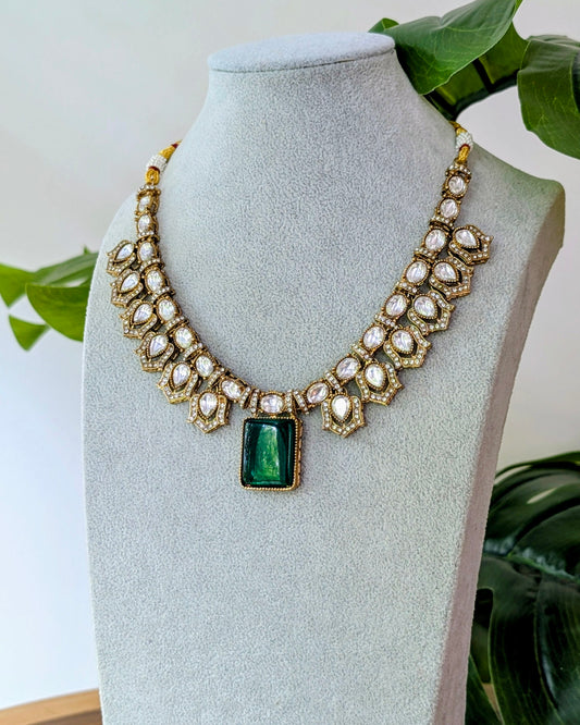 Vanshika Premium Polki Necklace with Earrings - Green