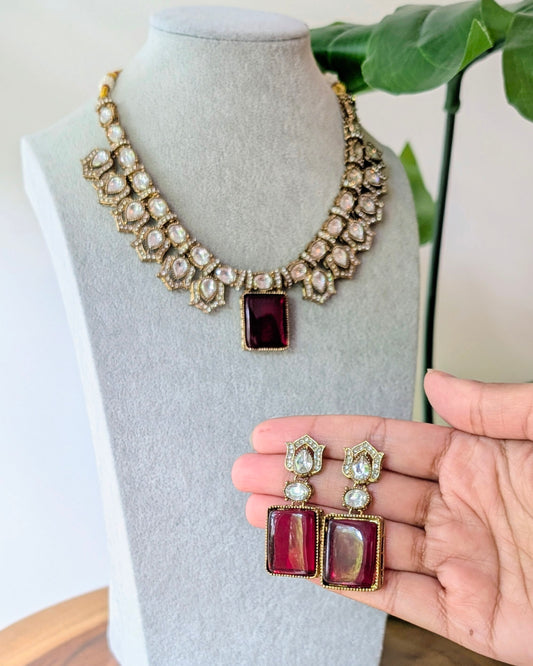 Vanshika Premium Polki Necklace - Maroon
