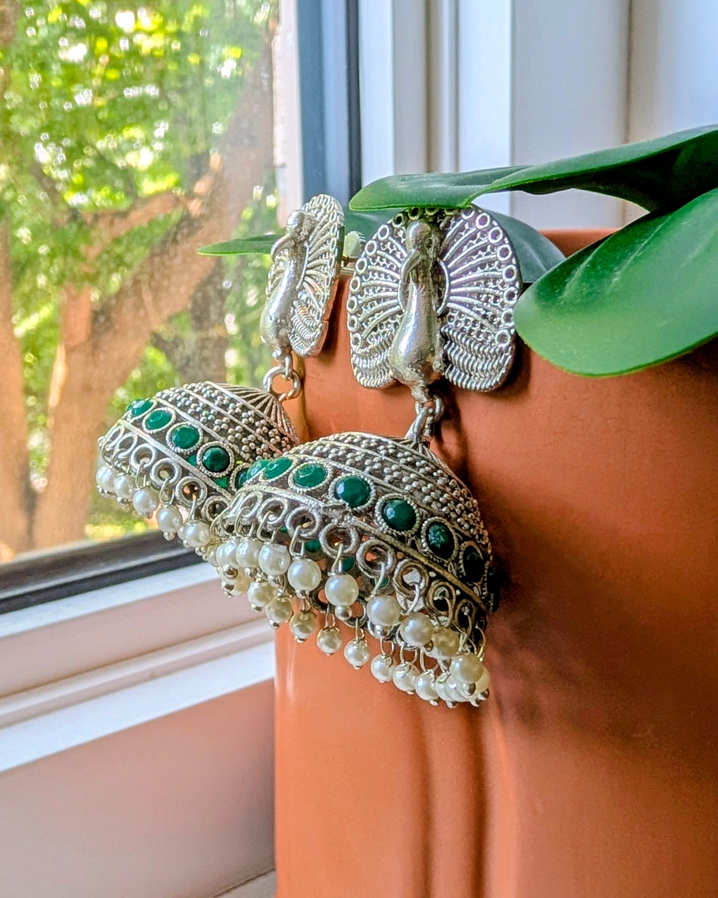 Dharna Oxidized Silver Peacock Jhumka - Green