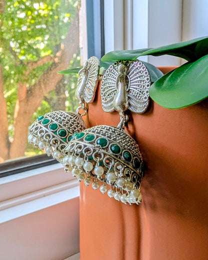 Dharna Oxidized Silver Peacock Jhumka - Green