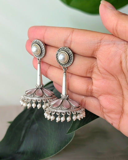 Statement Design Oxidized Silver Seher Earrings - Pink