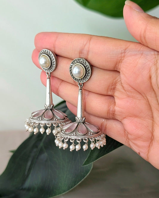 Statement Design Oxidized Silver Seher Earrings - Pink