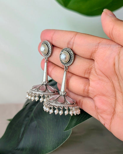 Statement Design Oxidized Silver Seher Earrings - Pink