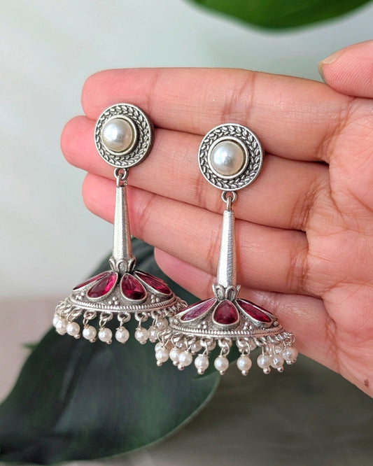 Statement Design Oxidized Silver Seher Earrings - Ruby