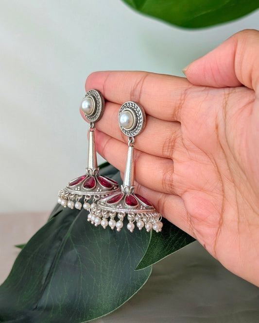 Statement Design Oxidized Silver Seher Earrings - Ruby
