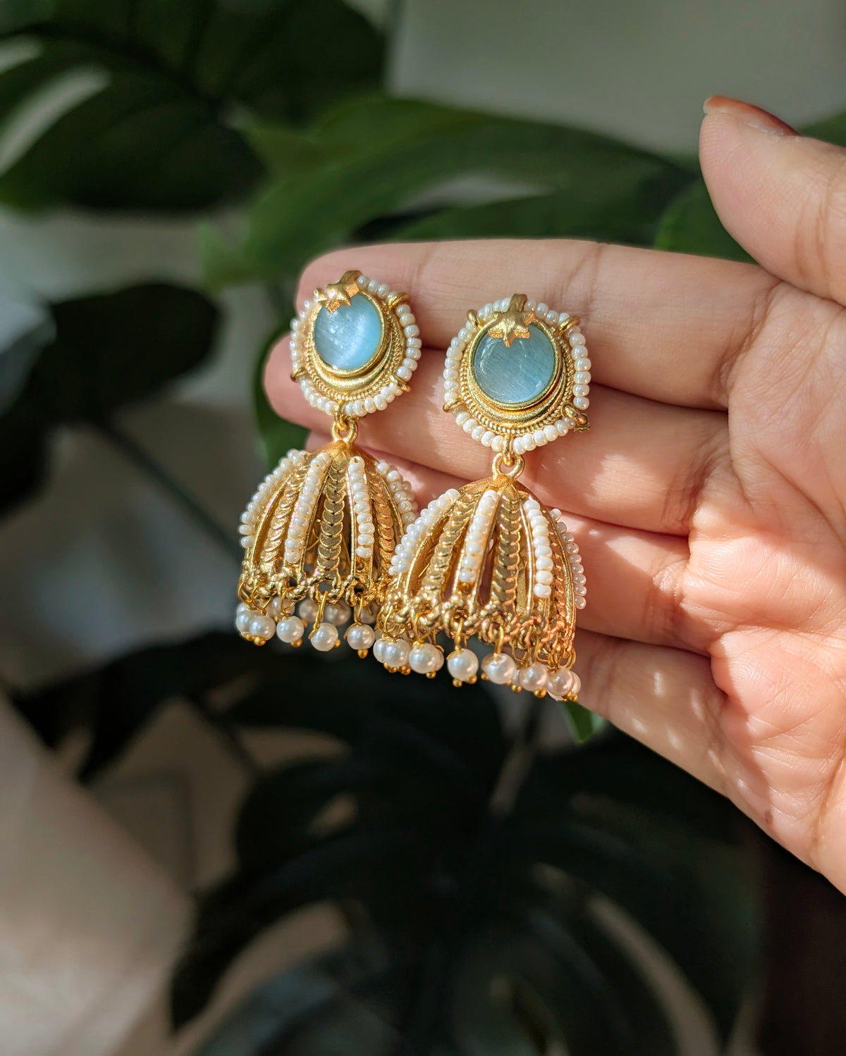 Mint Blue Kundan Pearl Jhumka Naina Earrings