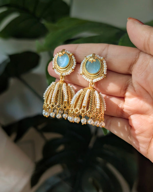 Mint Blue Kundan Pearl Jhumka Naina Earrings
