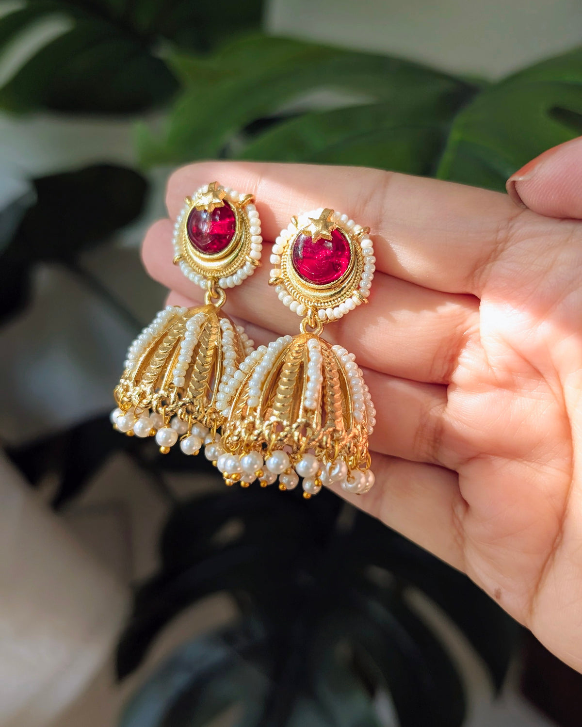 Red Kundan Pearl Jhumka Naina Earrings