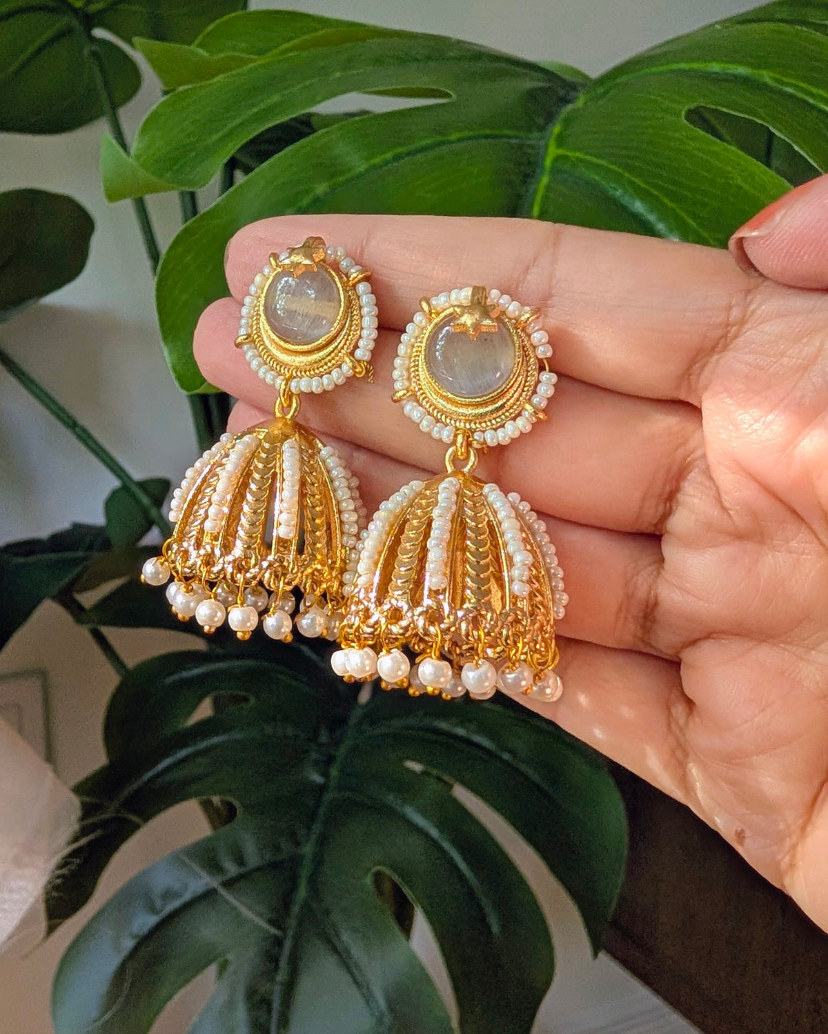 Gray Kundan Pearl Jhumka Naina Earrings