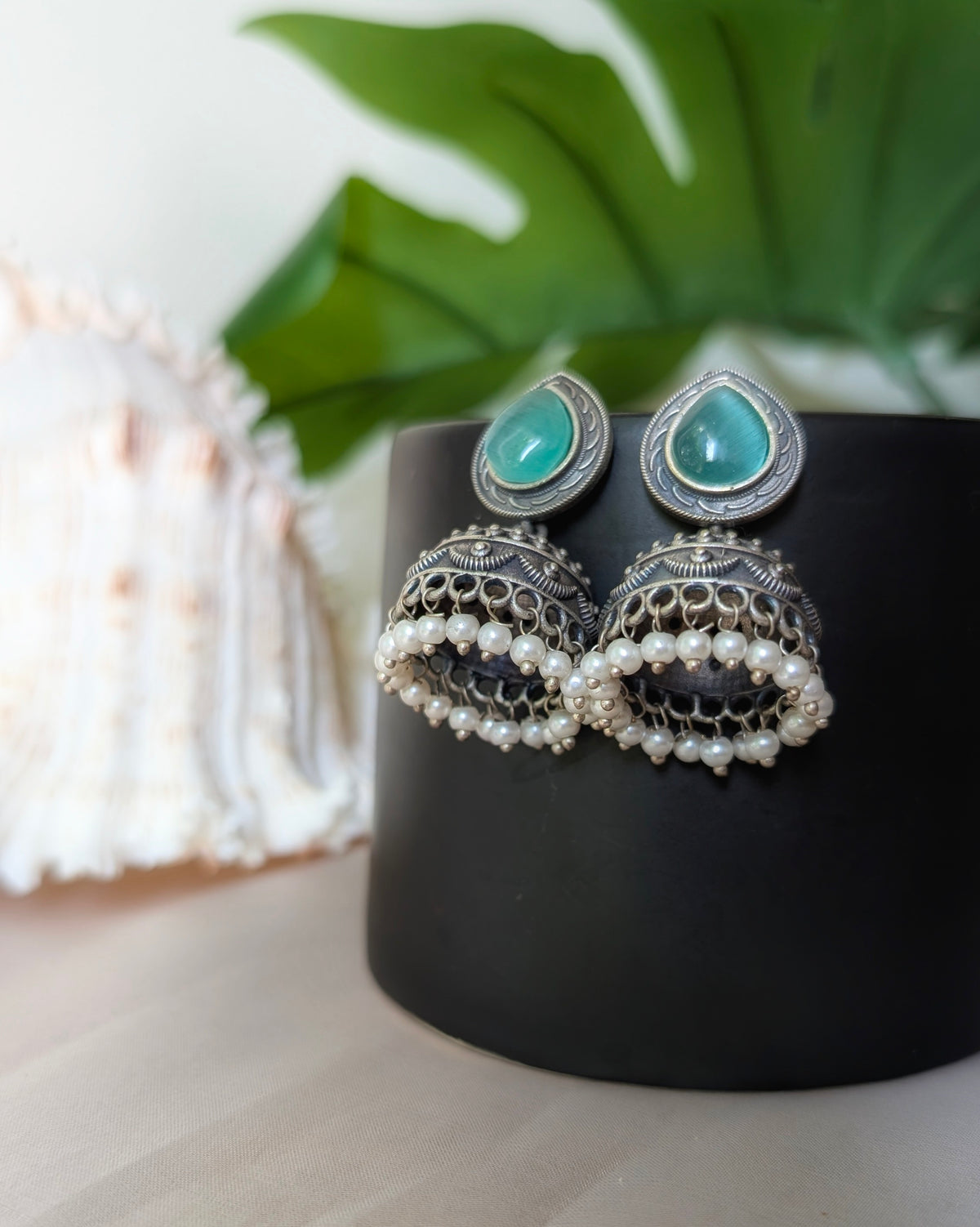 Mint Blue Statement Oxidized Silver Piyali Jhumki Earrings