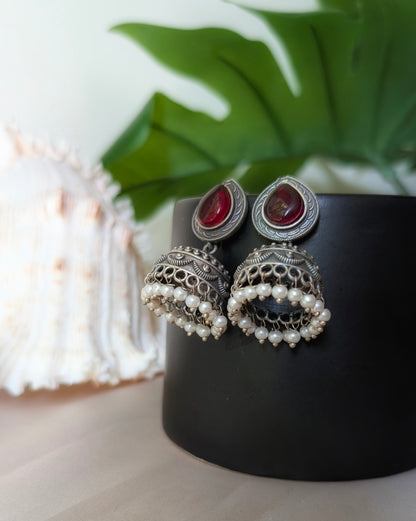 Red Statement Oxidized Silver Piyali Jhumki Earrings