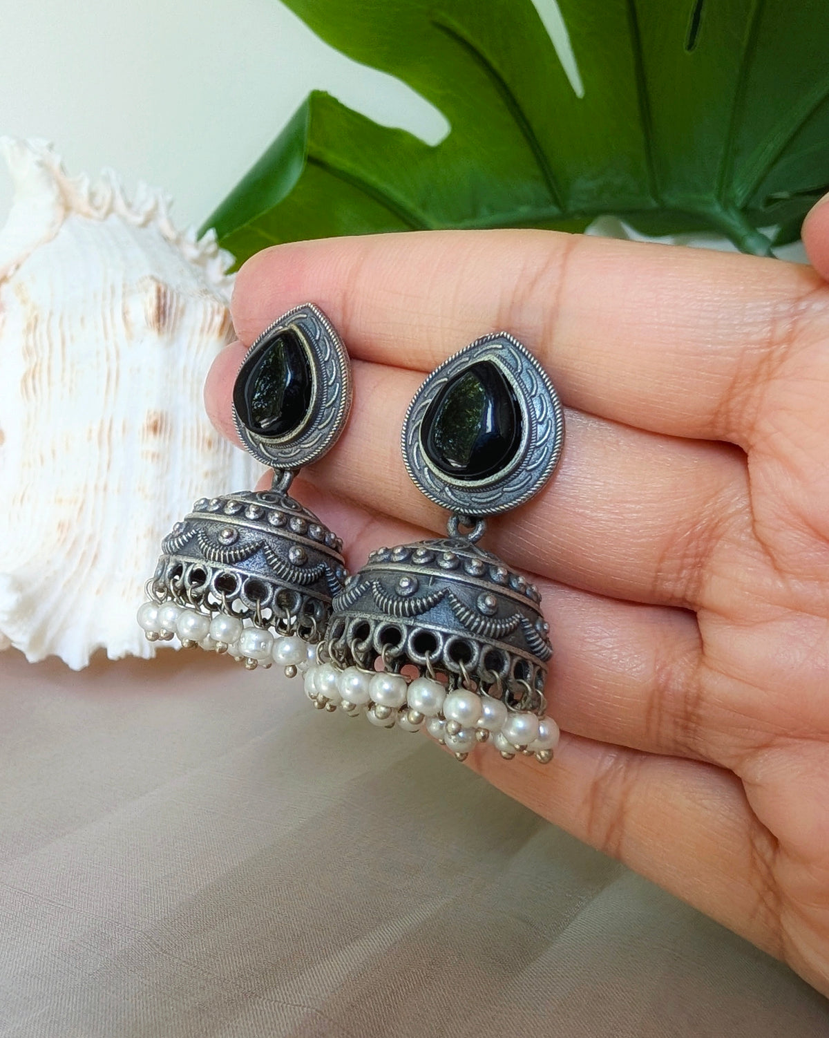 Black Statement Oxidized Silver Piyali Jhumki Earrings
