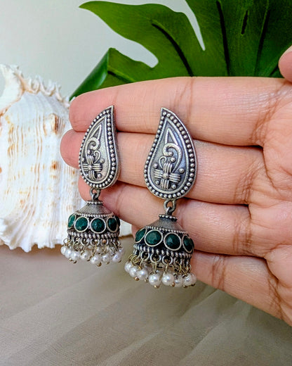 Green Statement Oxidized Silver Seema Jhumki Earrings