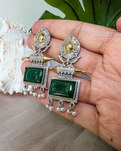 Green Statement Oxidized Silver Dual Tone Naaz Earrings