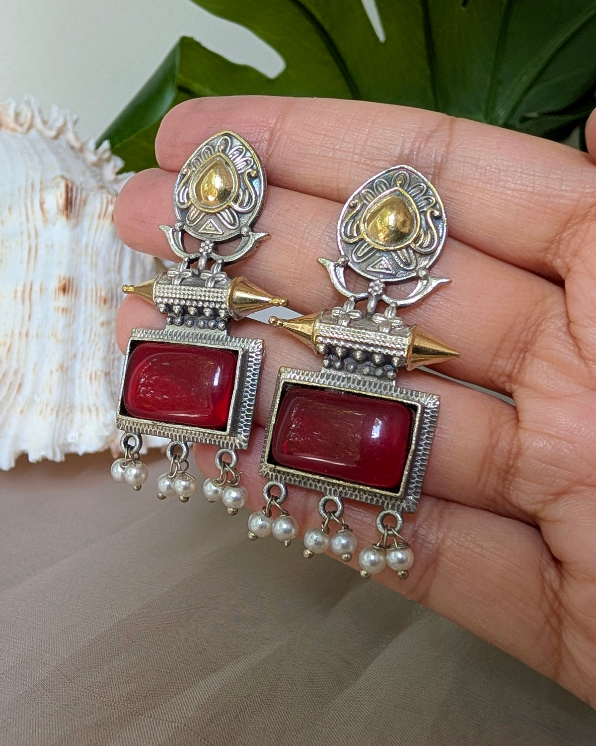 Red Statement Oxidized Silver Dual Tone Naaz Earrings