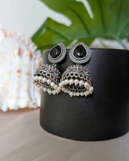 Black Statement Oxidized Silver Piyali Jhumki Earrings