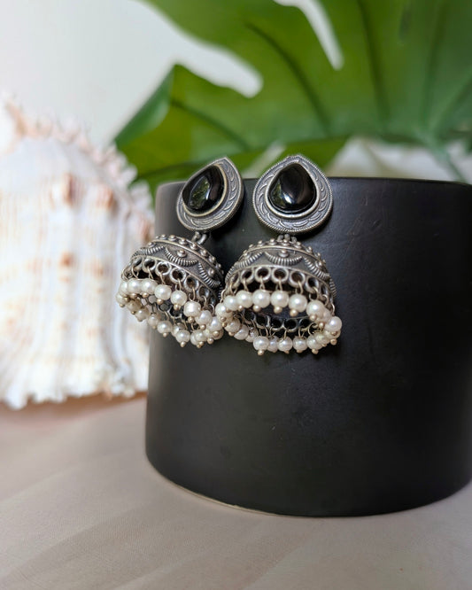 Black Statement Oxidized Silver Piyali Jhumki Earrings