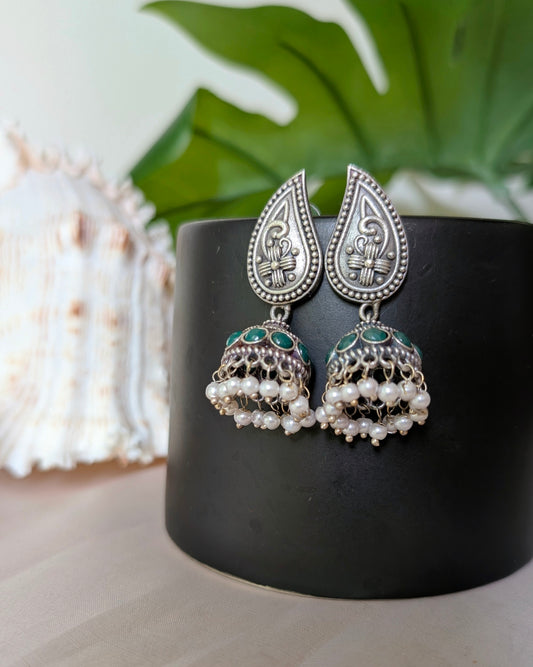 Green Statement Oxidized Silver Seema Jhumki Earrings