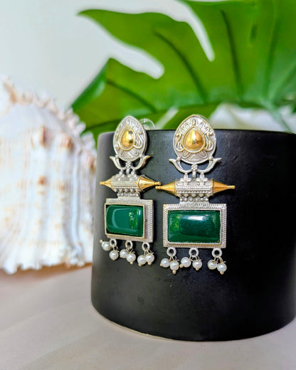 Green Statement Oxidized Silver Dual Tone Naaz Earrings