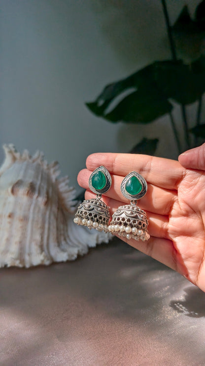 Green Statement Oxidized Silver Piyali Jhumki Earrings