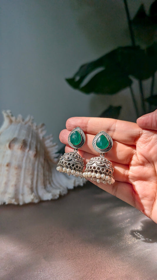 Green Statement Oxidized Silver Piyali Jhumki Earrings