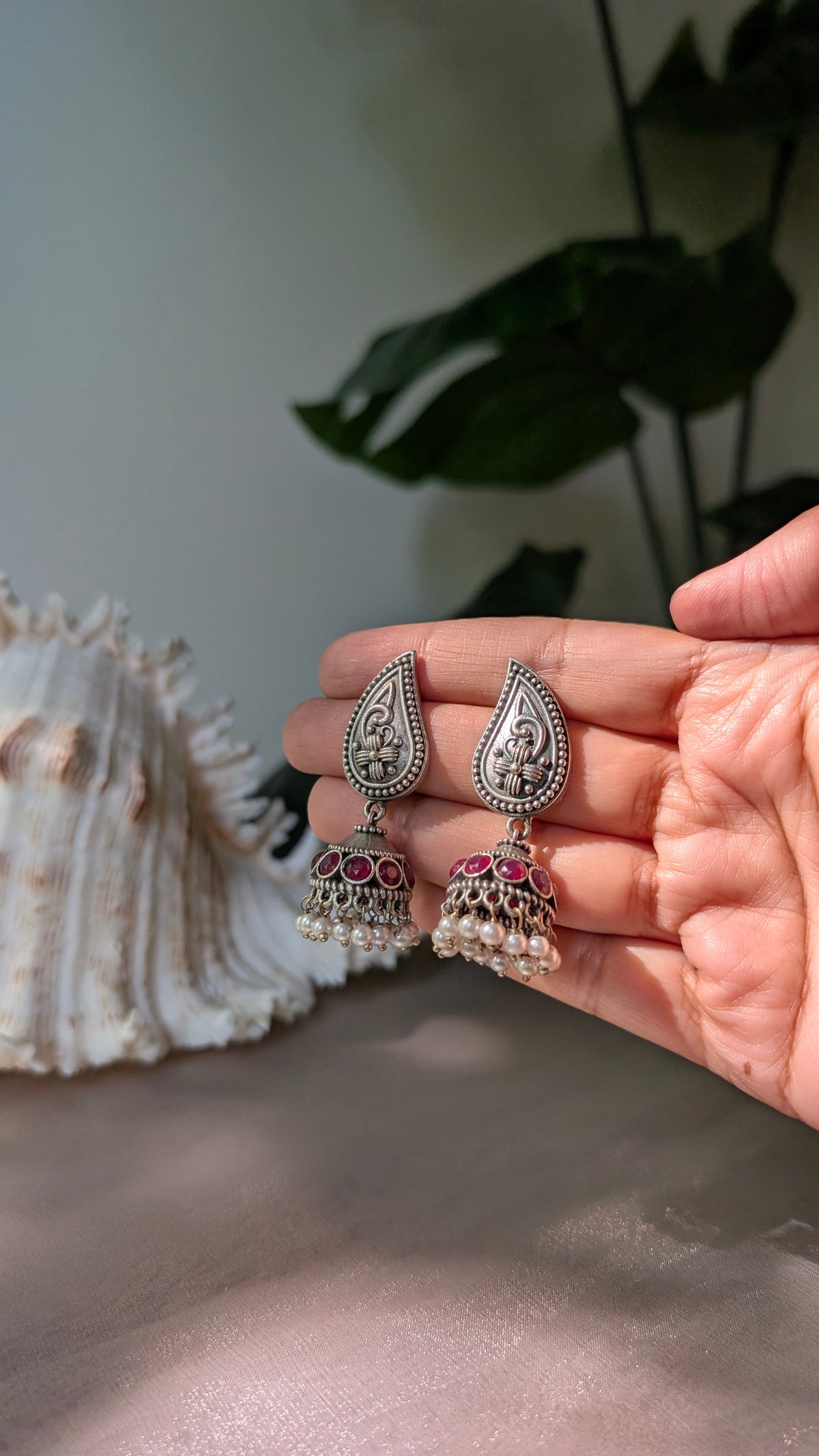 Pink Statement Oxidized Silver Seema Jhumki Earrings