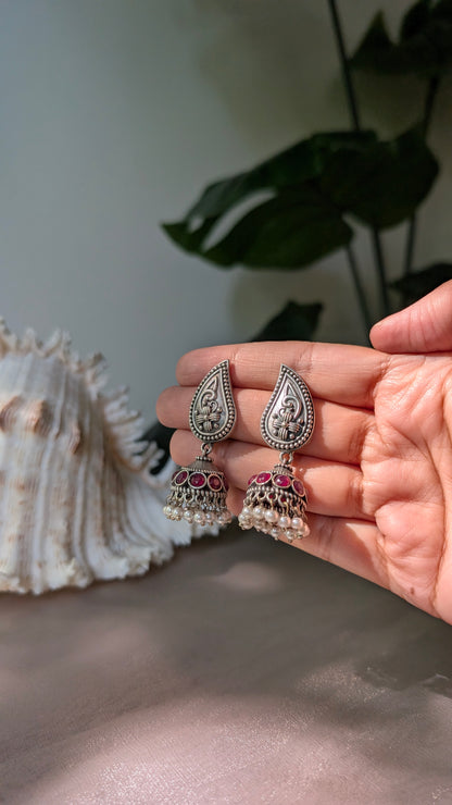 Pink Statement Oxidized Silver Seema Jhumki Earrings