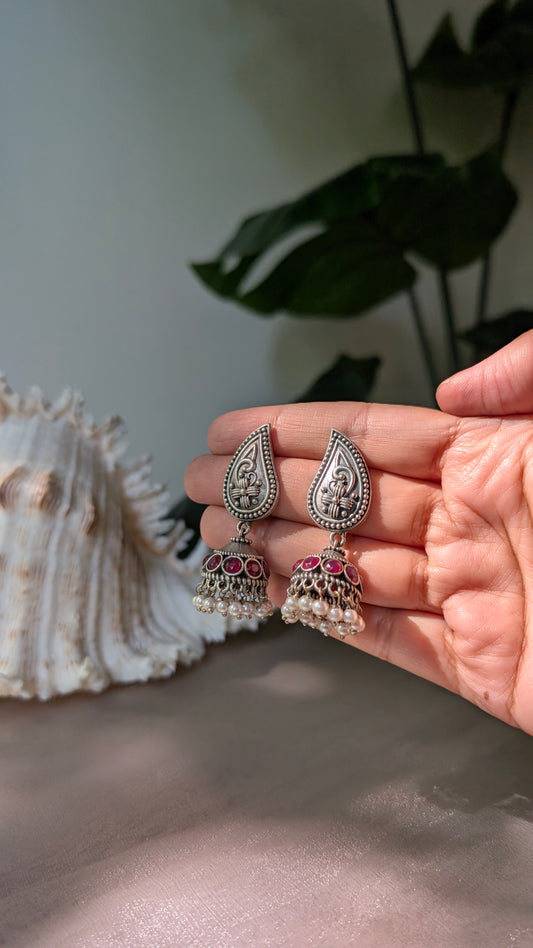 Pink Statement Oxidized Silver Seema Jhumki Earrings