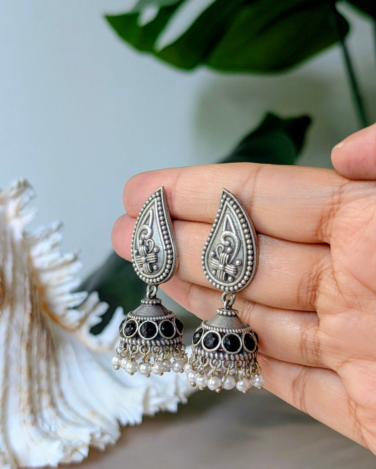 Black Statement Oxidized Silver Seema Jhumki Earrings