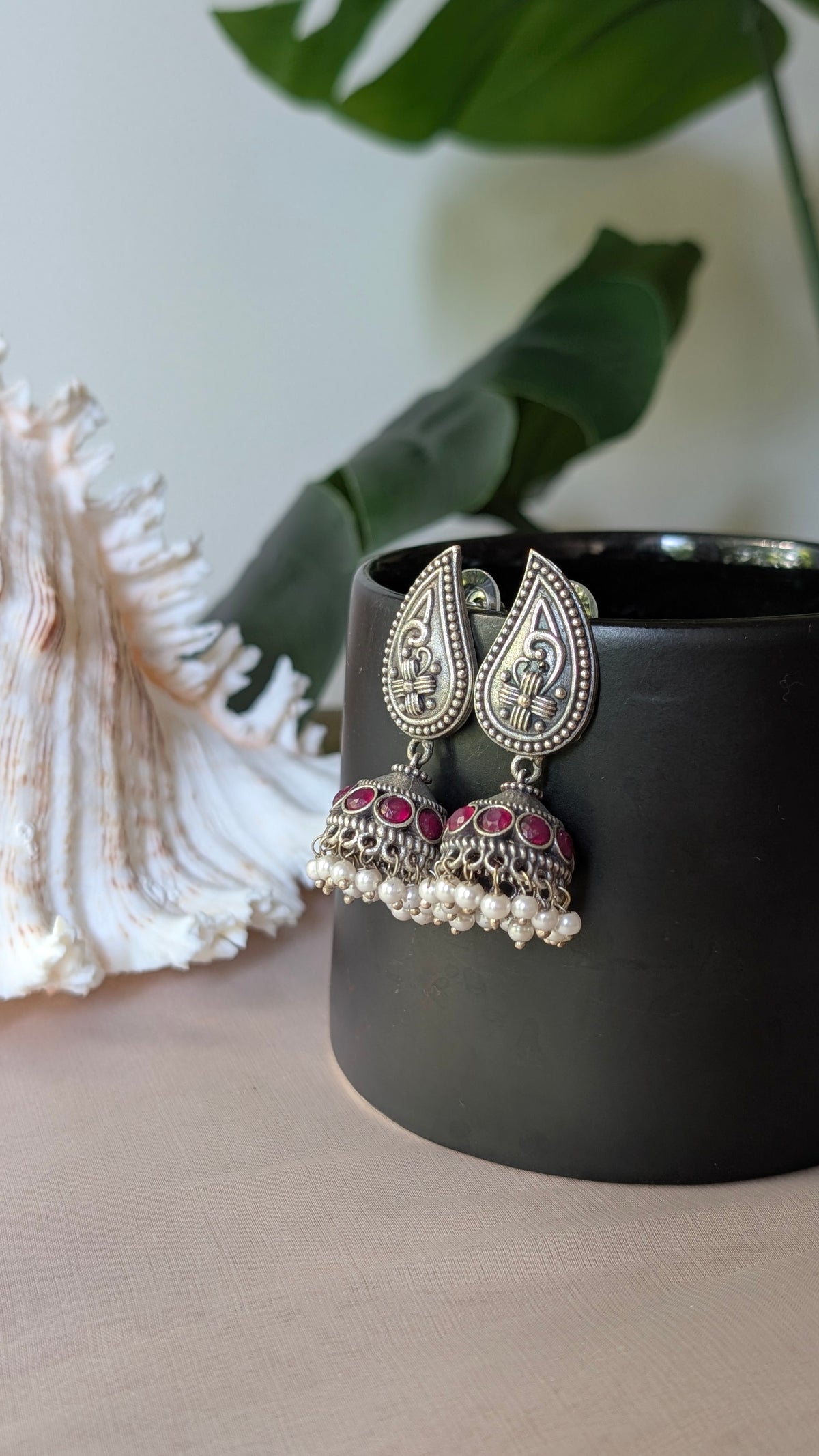 Pink Statement Oxidized Silver Seema Jhumki Earrings