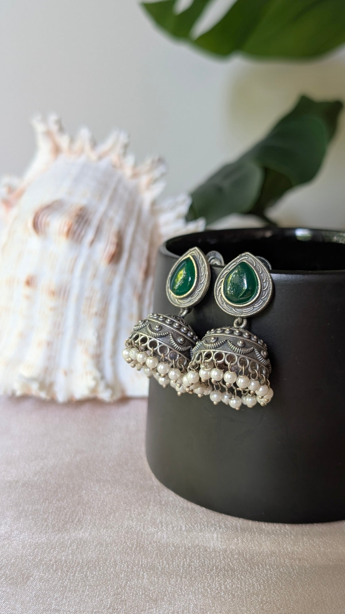 Green Statement Oxidized Silver Piyali Jhumki Earrings