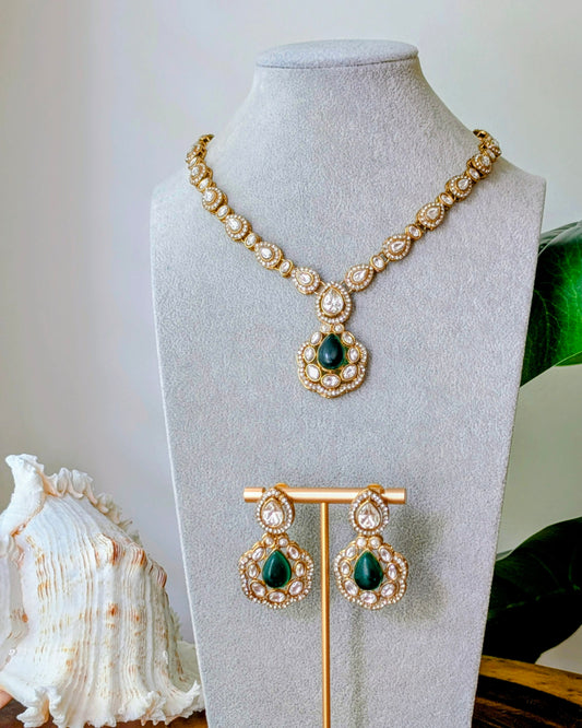 Charu Premium Polki Necklace with Earrings - Green