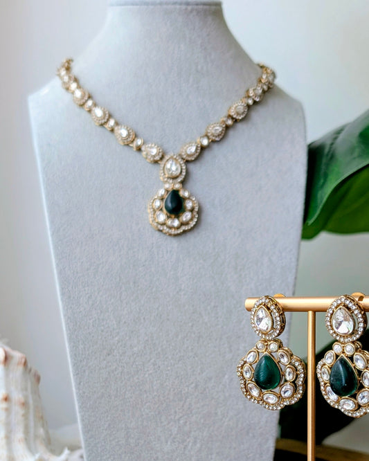 Charu Premium Polki Necklace with Earrings - Green