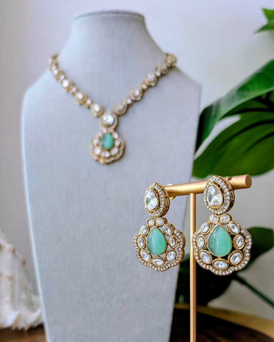 Charu Premium Polki Necklace - Baby Blue