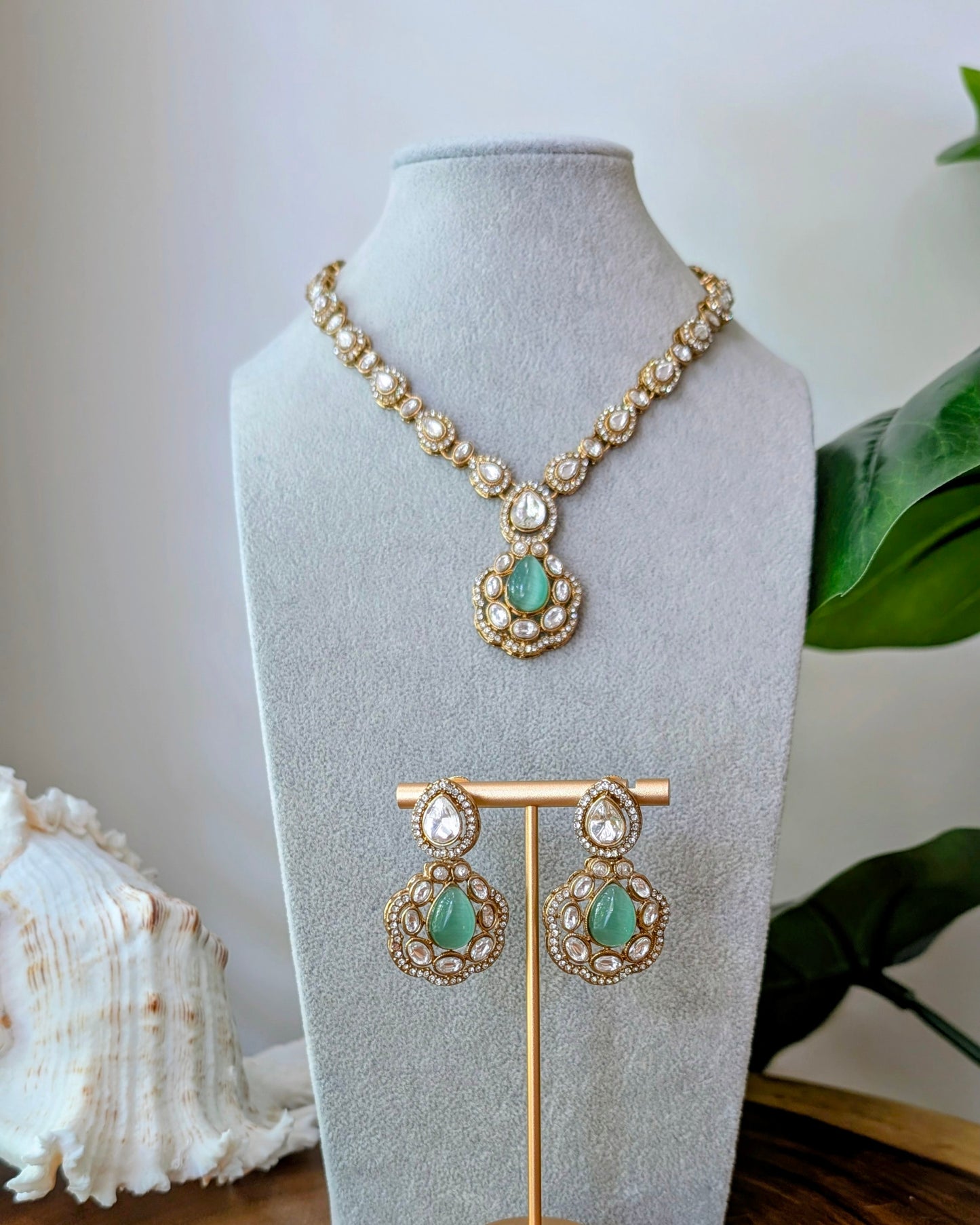 Charu Premium Polki Necklace - Baby Blue