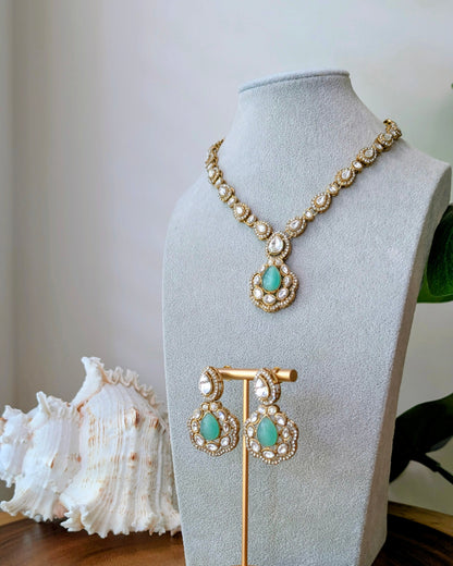 Charu Premium Polki Necklace - Baby Blue