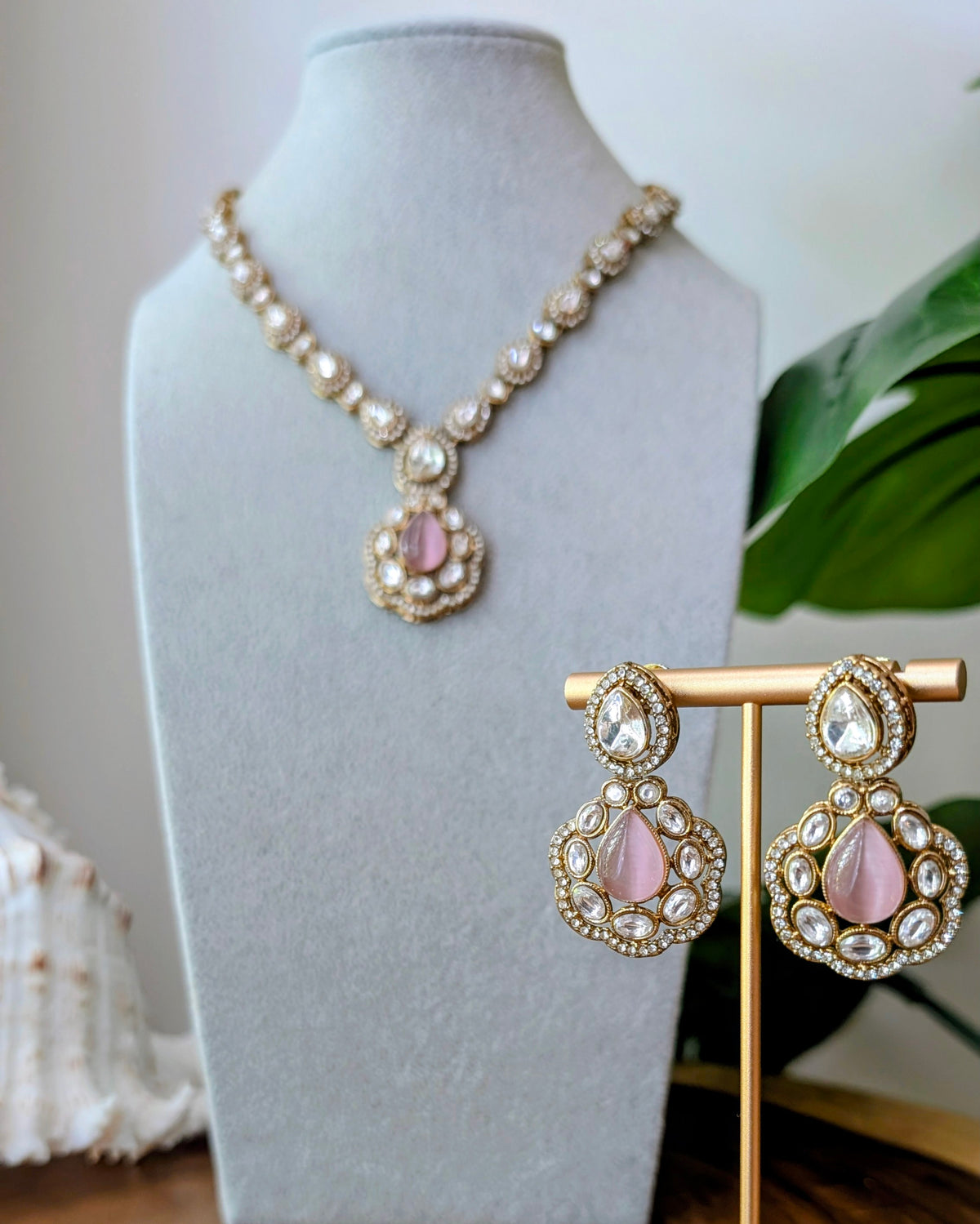 Charu Premium Polki Necklace with Earrings - Pink