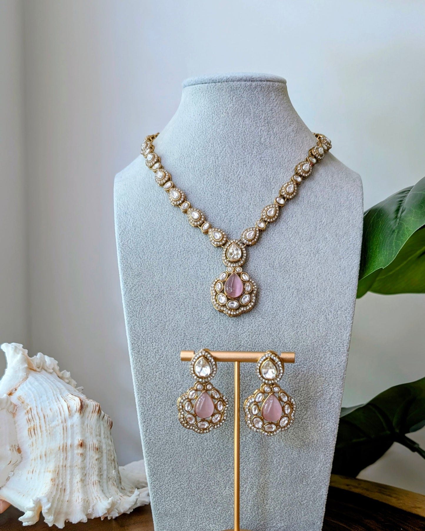 Charu Premium Polki Necklace with Earrings - Pink