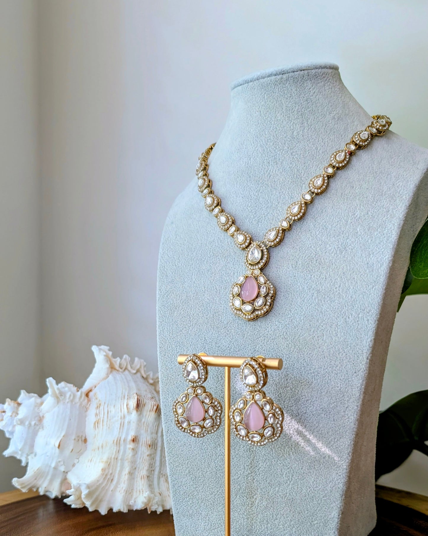 Charu Premium Polki Necklace with Earrings - Pink
