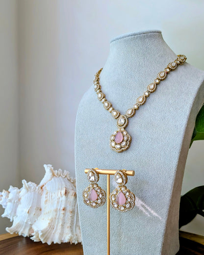 Charu Premium Polki Necklace with Earrings - Pink