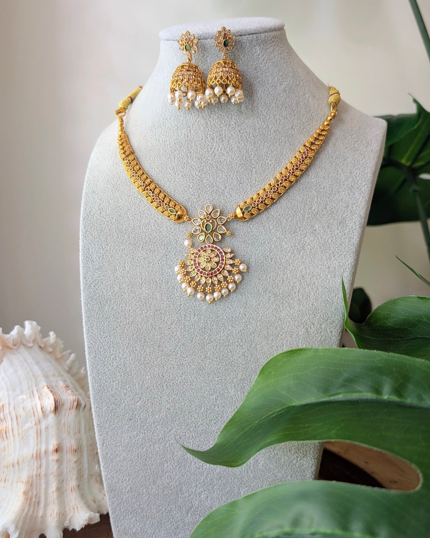 Dainty Golden Necklace with Jhumki Earrings