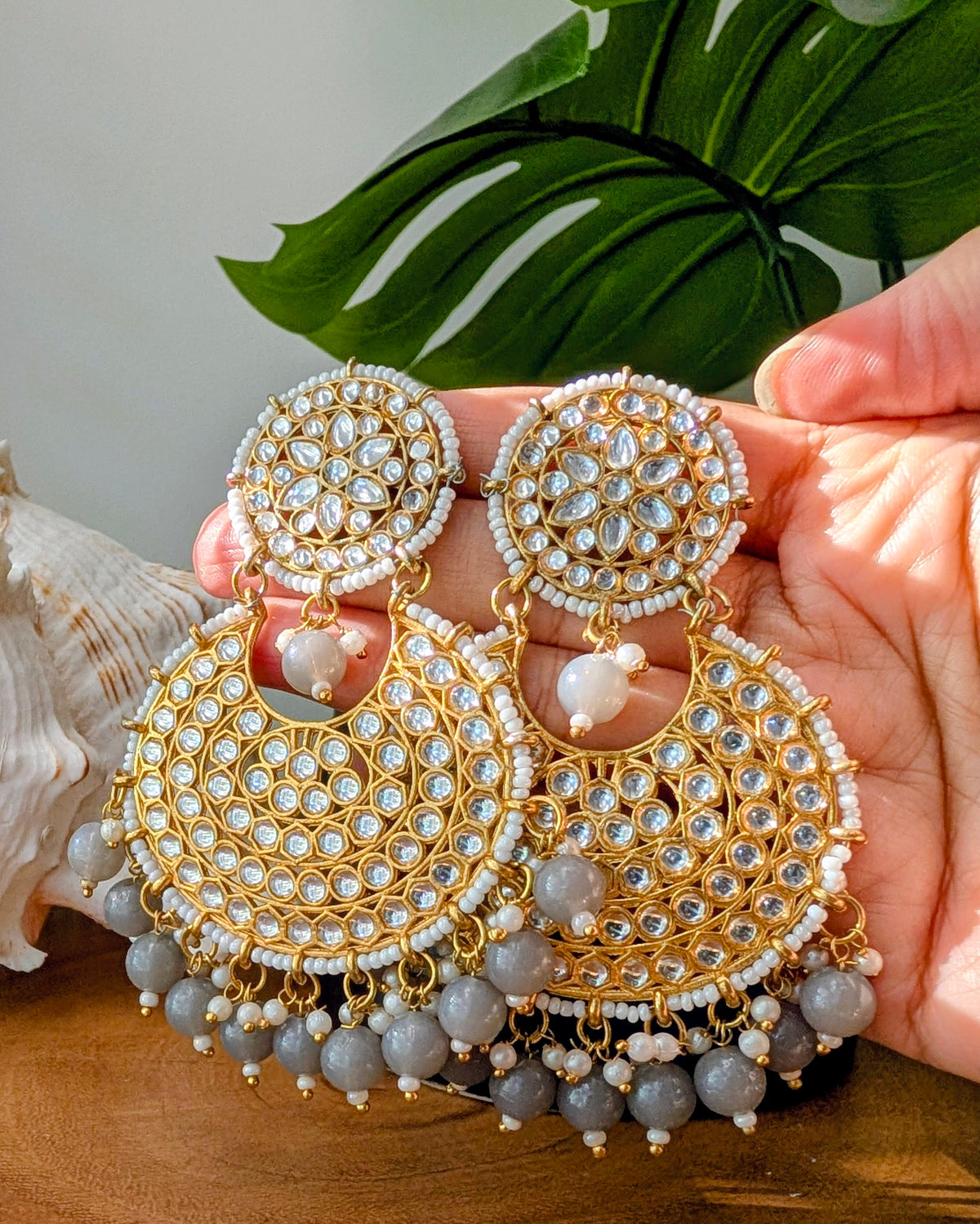 Ramya Lightweight Kundan Chandbali - Gray